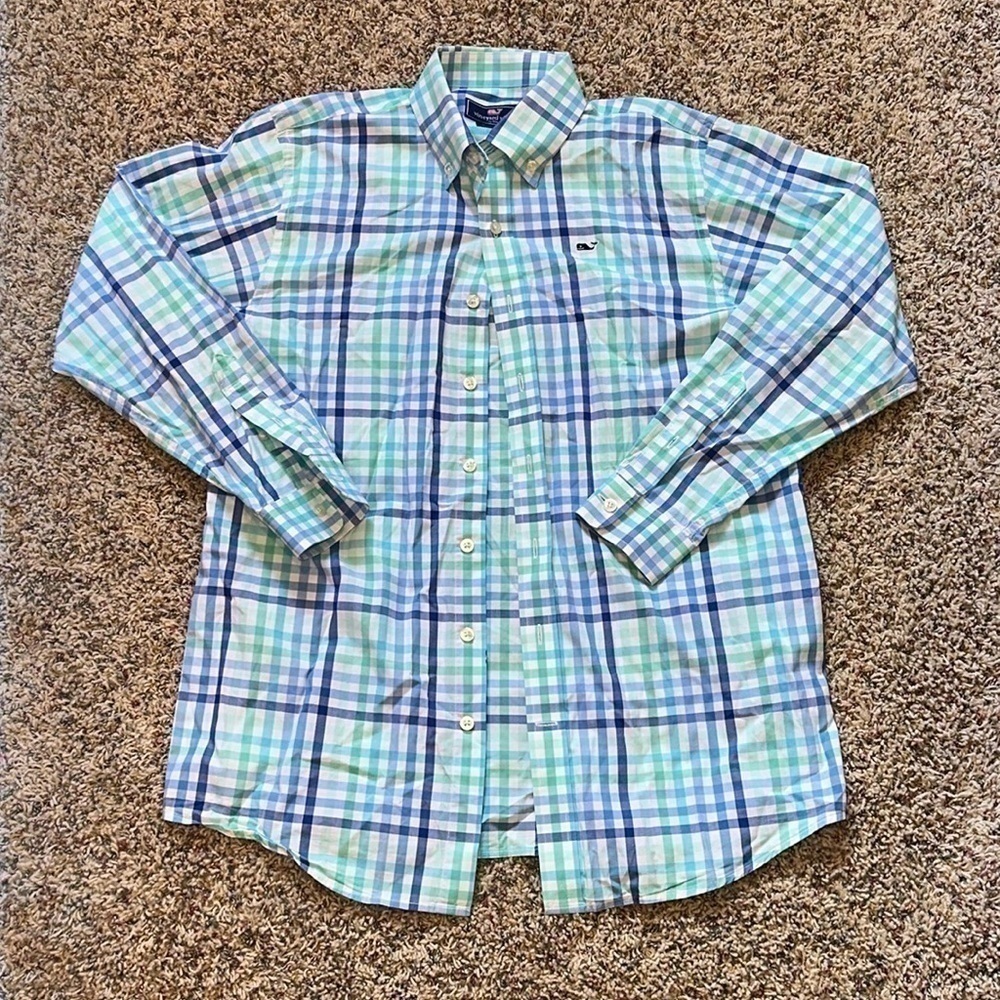 Boys/Kids Vintage Vineyard Vines Blue/Green Dress Shirt Size YL